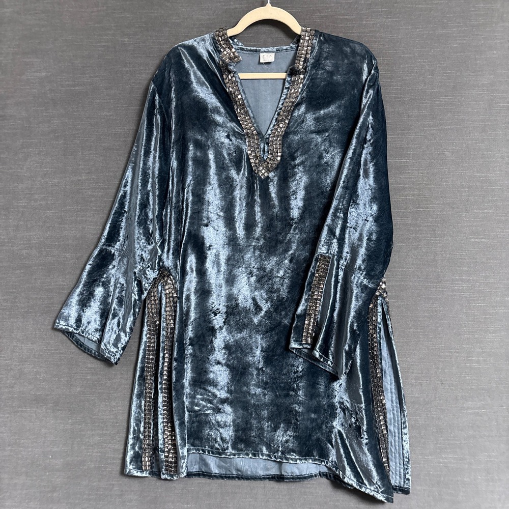 Pia Hallstrom Top L Blue Velvet Kaftan Rhinestone Tunic Luxury Resort Statement